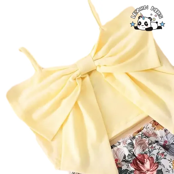 LEZONKIDS - Conjunto de Roupas para Meninas Personalizável de Top Cropped com Laço e Saia Floral para Festa de Verão